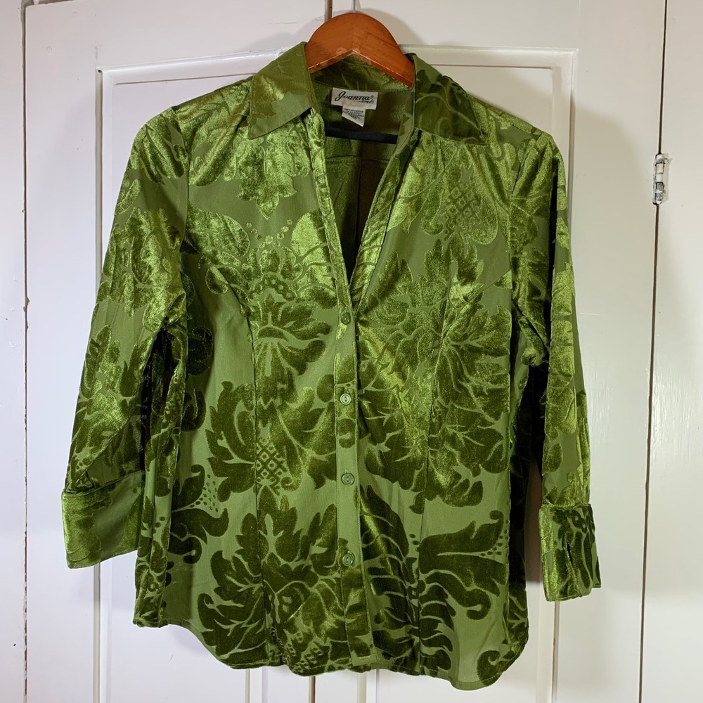 Vintage Joanna Green Floral Velvet Burnout‎ Long Sleeve Button Down Shirt Medium